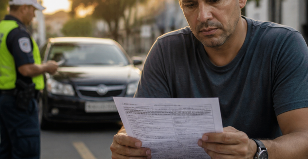 Motorista analisando uma notificação de multa da Lei Seca ao lado de um aparelho bafômetro, em ambiente urbano brasileiro
