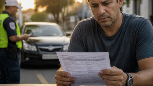 Motorista analisando uma notificação de multa da Lei Seca ao lado de um aparelho bafômetro, em ambiente urbano brasileiro