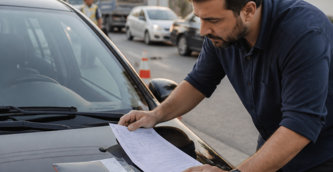 Condutor analisando auto de infração de trânsito ao lado de um veículo, em cenário urbano brasileiro