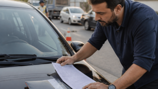 Condutor analisando auto de infração de trânsito ao lado de um veículo, em cenário urbano brasileiro