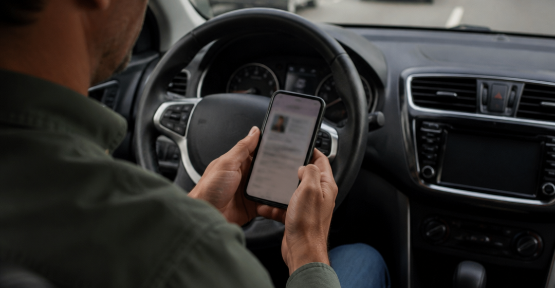 Motorista brasileiro consultando multas e a Carteira Digital de Trânsito em um celular dentro de um veículo estacionado