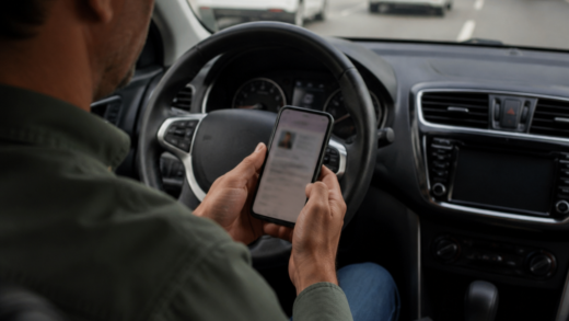 Motorista brasileiro consultando multas e a Carteira Digital de Trânsito em um celular dentro de um veículo estacionado