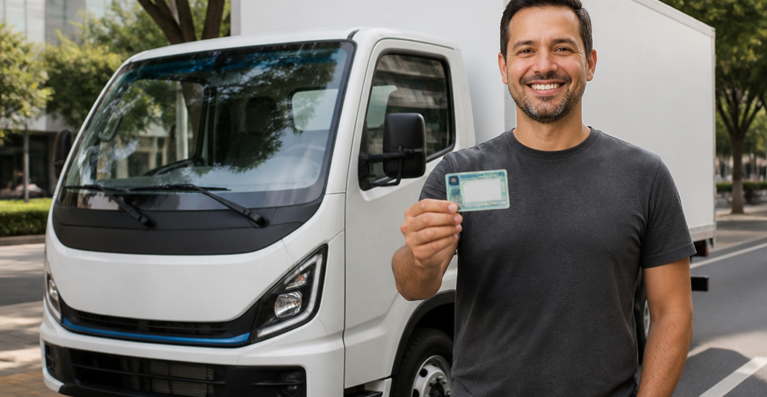Motorista com CNH B ao lado de um caminhão elétrico compacto em uma via urbana brasileira