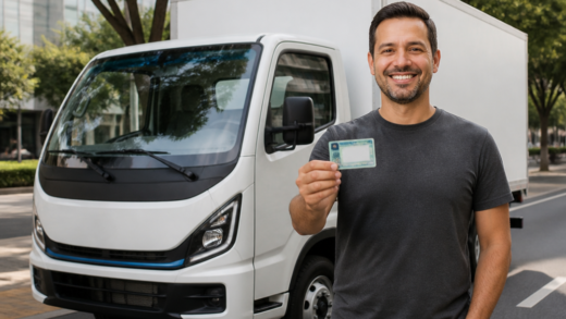 Motorista com CNH B ao lado de um caminhão elétrico compacto em uma via urbana brasileira
