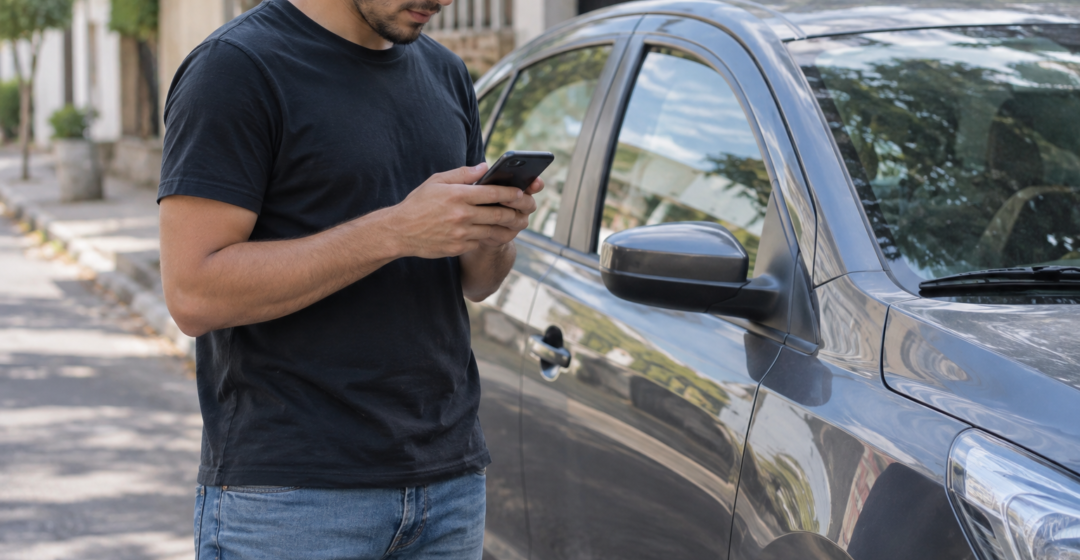 Motorista ao lado de carro estacionado consulta informações de habilitação e infrações no celular.