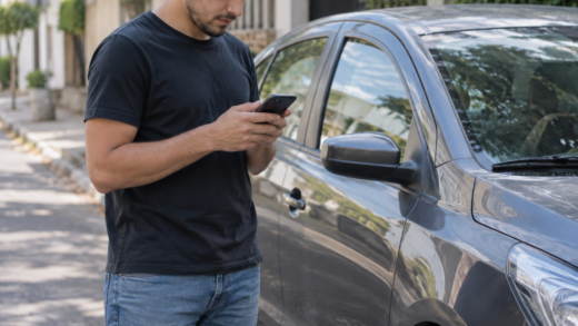 Motorista ao lado de carro estacionado consulta informações de habilitação e infrações no celular.