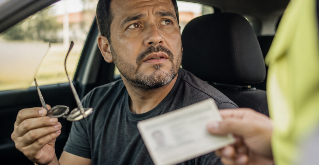 Motorista dentro de um carro segurando óculos enquanto conversa com agente de fiscalização em uma via urbana brasileira