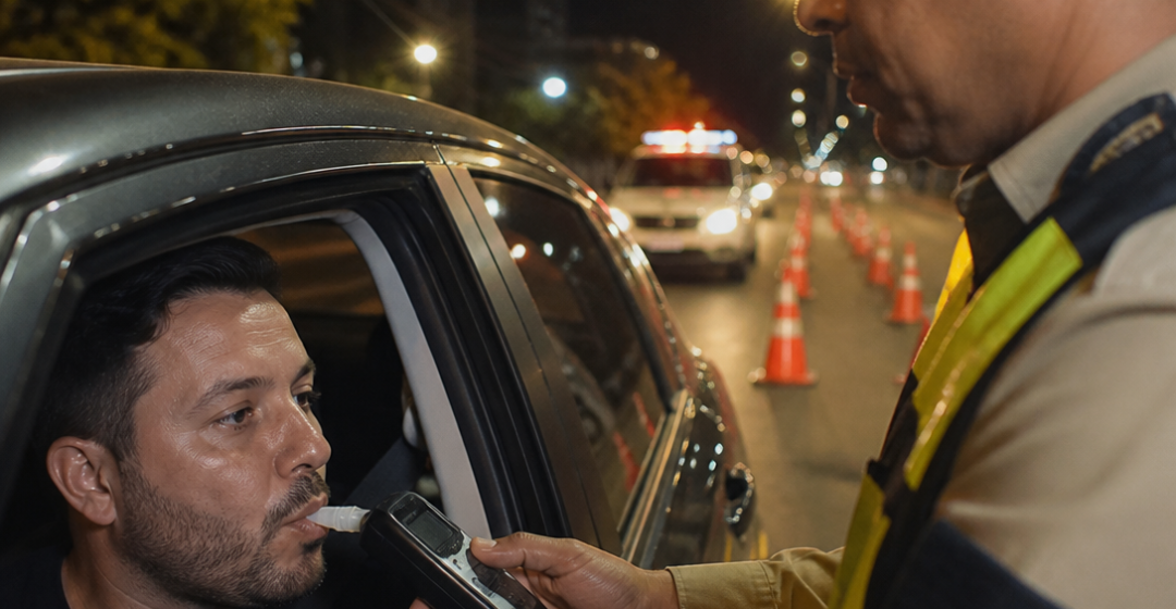 Agente de trânsito realiza teste do bafômetro em motorista durante fiscalização noturna, com veículo parado em uma blitz brasileira