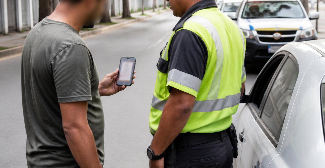 Agente de trânsito realiza abordagem de veículo enquanto o motorista apresenta o celular com o documento digital