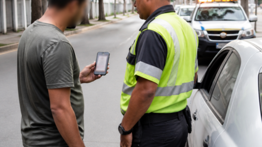 Agente de trânsito realiza abordagem de veículo enquanto o motorista apresenta o celular com o documento digital