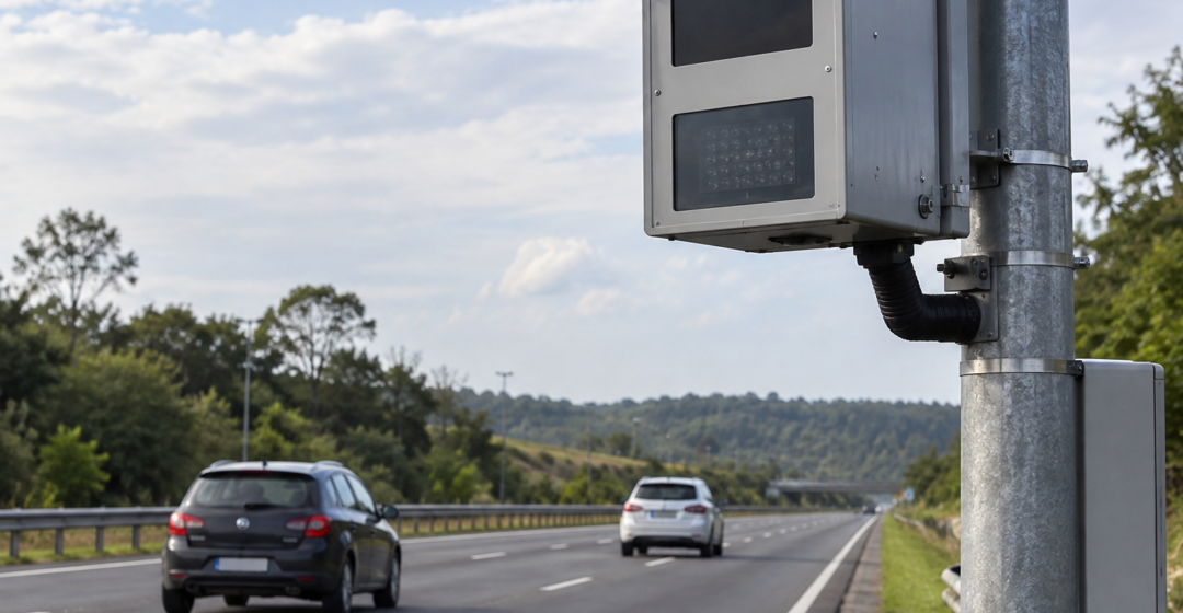 Radar fixo de velocidade ao lado de uma rodovia brasileira, com veículos ao fundo e placas sem identificação legível.