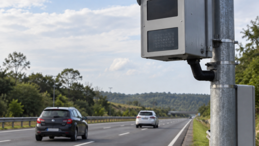 Radar fixo de velocidade ao lado de uma rodovia brasileira, com veículos ao fundo e placas sem identificação legível.