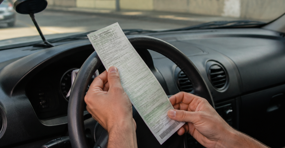 Motorista brasileiro conferindo uma notificação de trânsito dentro de um carro estacionado, com o para-brisa e o painel visíveis