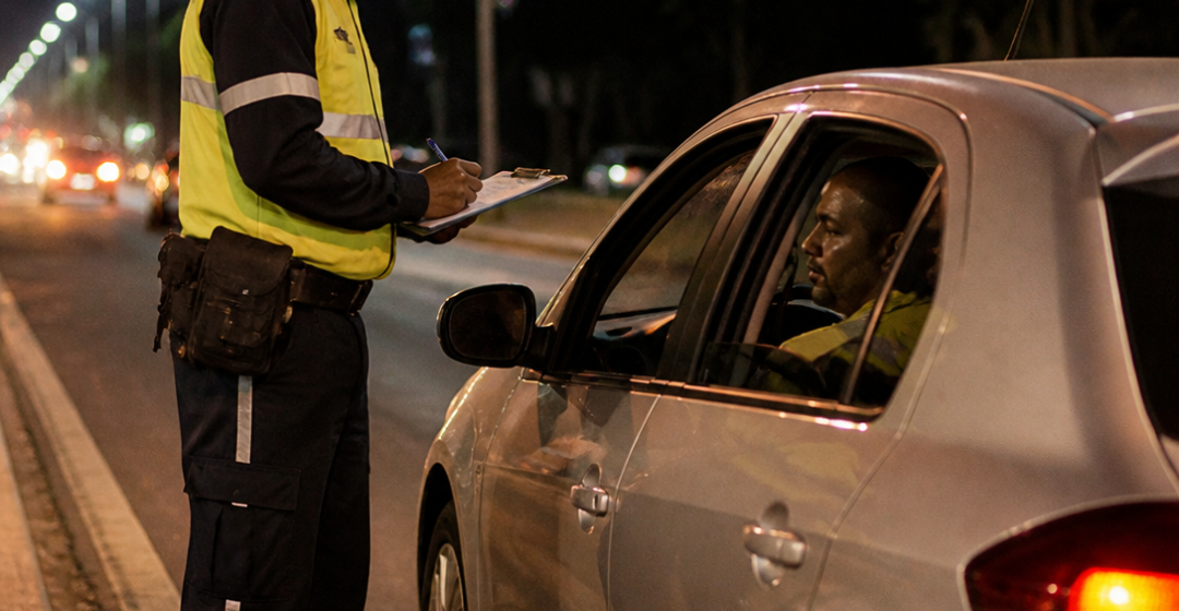 Agente de trânsito brasileiro preenchendo auto de infração durante fiscalização noturna, com motorista ao lado do veículo, sem placas legíveis ou identificação de ocorrência real