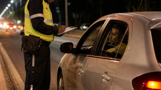 Agente de trânsito brasileiro preenchendo auto de infração durante fiscalização noturna, com motorista ao lado do veículo, sem placas legíveis ou identificação de ocorrência real