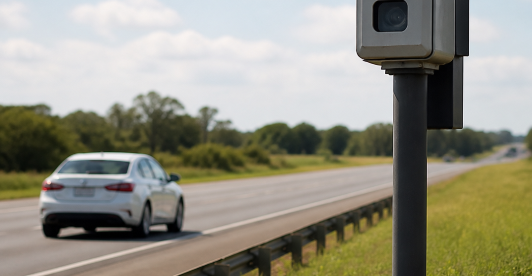 Radar de fiscalização registrando um automóvel em uma rodovia brasileira, com painel de velocidade ao fundo e imagem em estilo jornalístico