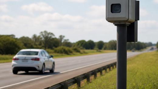 Radar de fiscalização registrando um automóvel em uma rodovia brasileira, com painel de velocidade ao fundo e imagem em estilo jornalístico