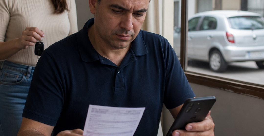 Proprietário de veículo consultando uma notificação de multa enquanto outro motorista utiliza um carro em uma via urbana brasileira