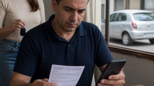 Proprietário de veículo consultando uma notificação de multa enquanto outro motorista utiliza um carro em uma via urbana brasileira