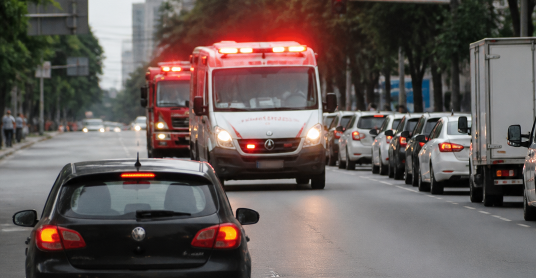 Motoristas aguardam enquanto uma ambulância com sirene e luzes acionadas passa por uma via urbana brasileira