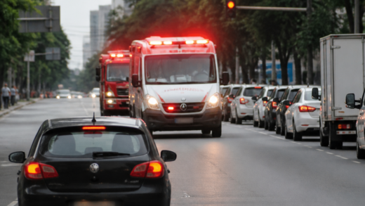 Motoristas aguardam enquanto uma ambulância com sirene e luzes acionadas passa por uma via urbana brasileira
