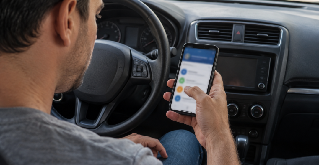 Motorista consulta um smartphone dentro de carro estacionado, com documentos sem dados legíveis ao lado.