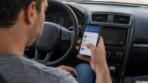 Motorista consulta um smartphone dentro de carro estacionado, com documentos sem dados legíveis ao lado.