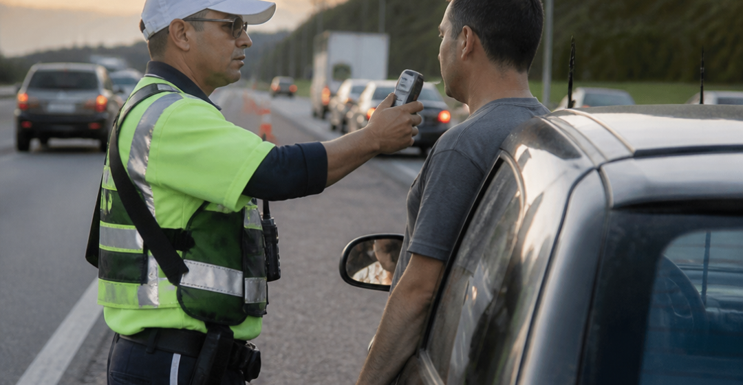 Motorista sendo abordado em uma blitz rodoviária brasileira próxima à praia, com agente de trânsito e etilômetro, em fotografia jornalística realista