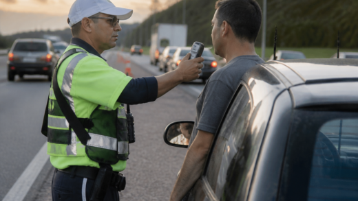 Motorista sendo abordado em uma blitz rodoviária brasileira próxima à praia, com agente de trânsito e etilômetro, em fotografia jornalística realista