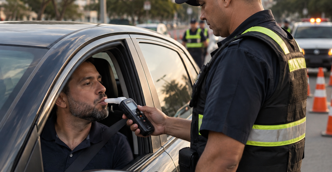 Agente de fiscalização apresenta um bafômetro a motorista durante blitz ilustrativa da Lei Seca em via brasileira.