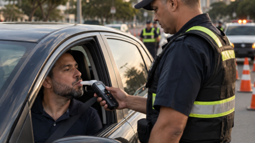 Agente de fiscalização apresenta um bafômetro a motorista durante blitz ilustrativa da Lei Seca em via brasileira.