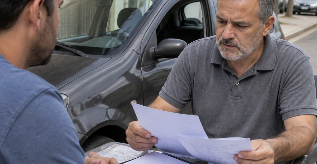 Proprietário entregando documentos de um carro usado após a venda, com veículo estacionado ao fundo, em cenário urbano brasileiro