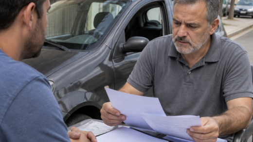 Proprietário entregando documentos de um carro usado após a venda, com veículo estacionado ao fundo, em cenário urbano brasileiro