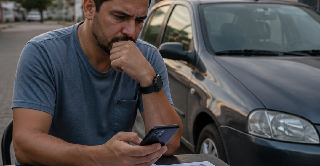 Vendedor entregando documentos de um carro usado enquanto verifica notificações de multas em um celular