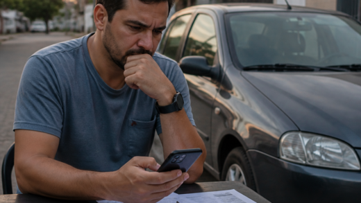 Vendedor entregando documentos de um carro usado enquanto verifica notificações de multas em um celular