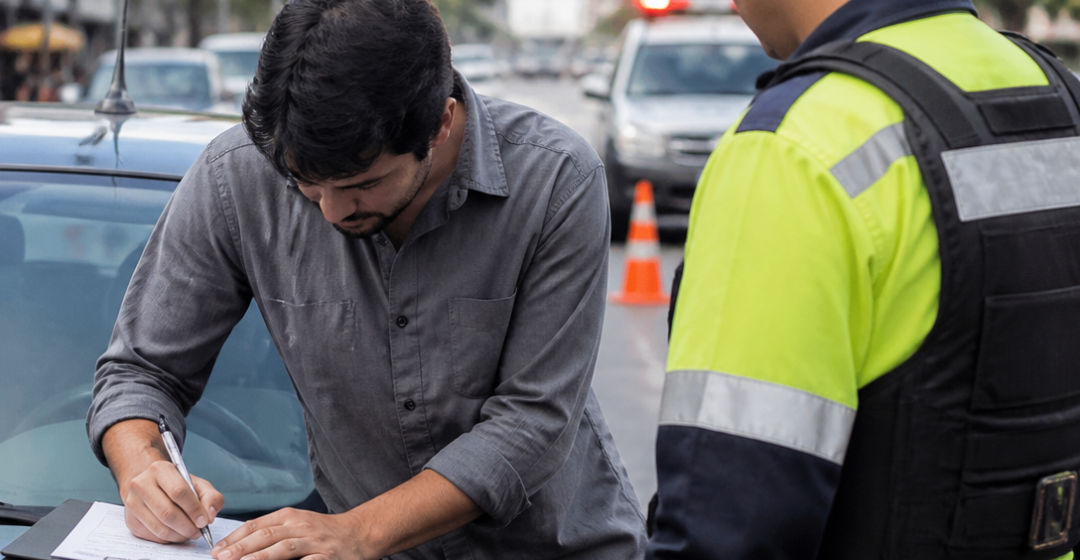 Motorista assina documento diante de agente de trânsito durante uma blitz em uma via urbana brasileira
