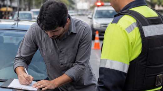 Motorista assina documento diante de agente de trânsito durante uma blitz em uma via urbana brasileira