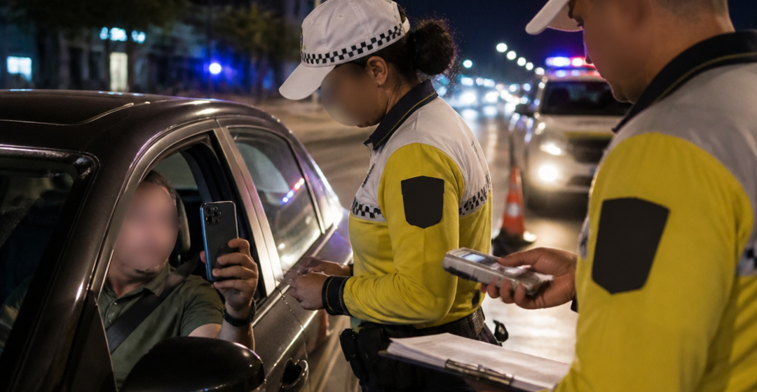Motorista parado em blitz noturna conversa com agente de trânsito ao lado de veículo, enquanto registra documentos e o local da abordagem com o celular