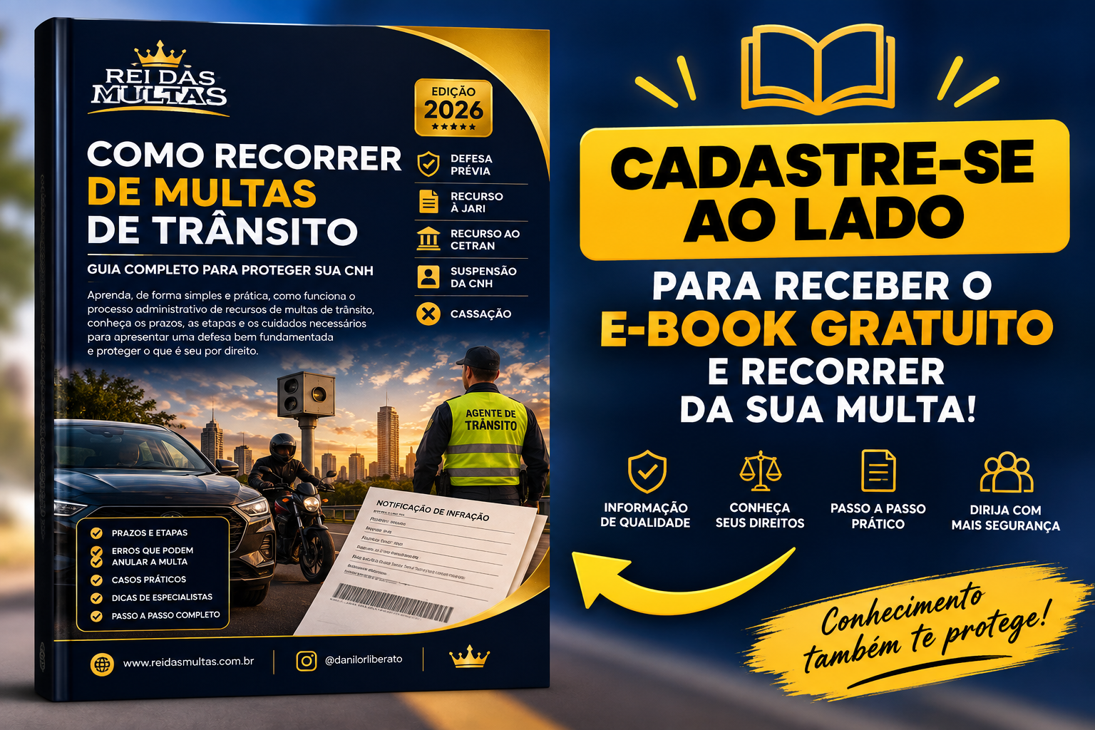 Capa do guia Como Recorrer de Multas de Trânsito 2026 e convite para cadastrar-se ao lado e receber o e-book gratuito